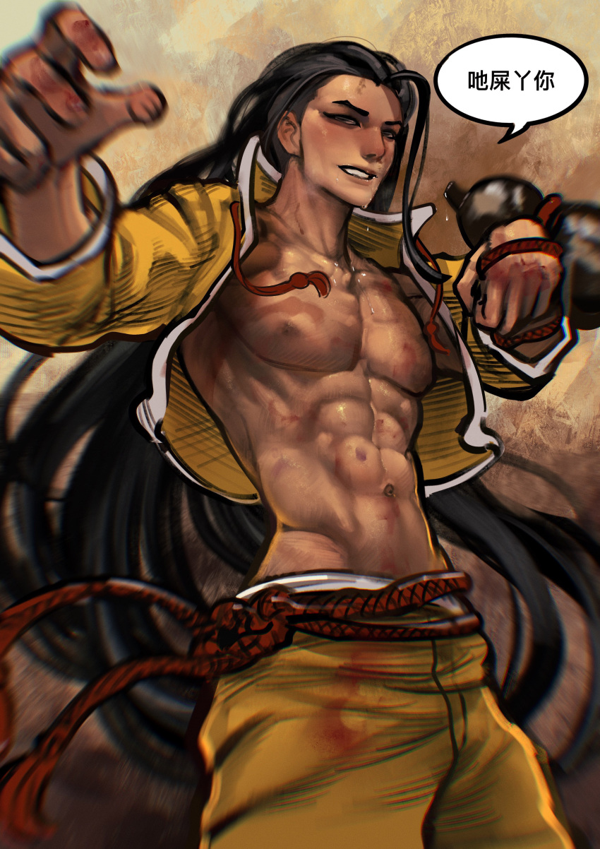 1boy abs absurdres ayaki_d bare_pectorals black_hair blood blood_on_chest blood_on_clothes cantonese_text chinese_text commentary english_commentary gourd highres holding_gourd jamie_(street_fighter) long_hair male_focus navel open_clothes open_shirt pectorals smile solo street_fighter street_fighter_6 toned toned_male translated very_long_hair