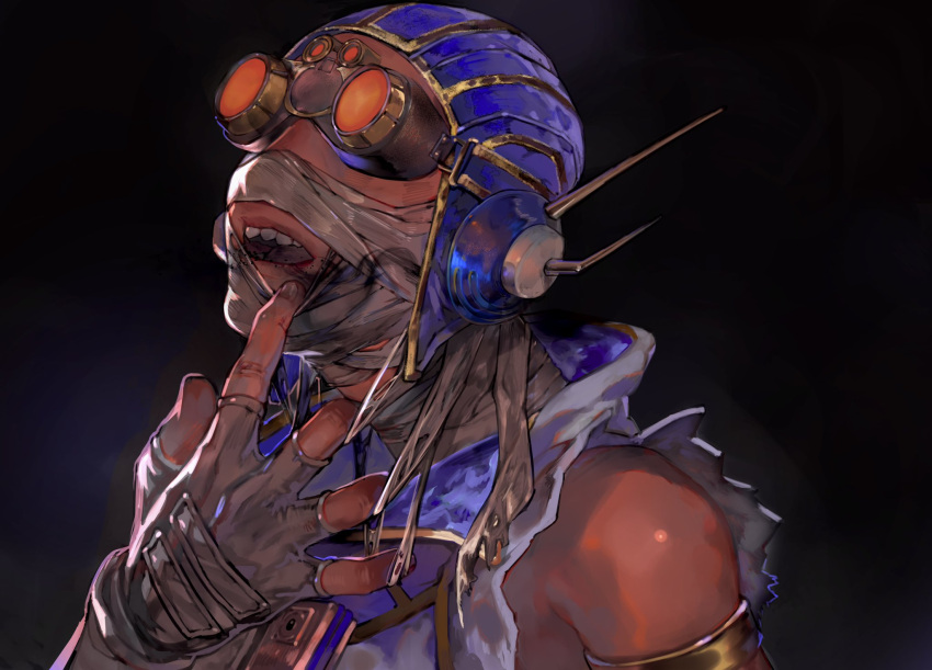 1boy apex_legends armlet bandaged_head bandaged_neck bandages fingerless_gloves from_side gloves goggles grey_gloves highres kawaniwa looking_up male_focus octane_(apex_legends) open_mouth portrait pulling purple_headwear purple_vest solo vest