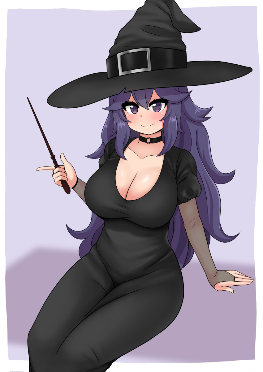 1girl @_@ absurdres ahoge black_dress blush breasts choker cleavage collarbone dress hair_between_eyes halloween halloween_costume hands_up hat hex_maniac_(pokemon) highres holding holding_wand huge_breasts large_breasts long_hair looking_at_viewer pokemon pokemon_(game) pokemon_xy purple_eyes purple_hair sitting smile solo the_only_shoe wand witch_hat