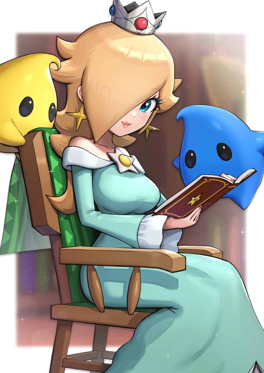 absurdres blonde_hair blue_eyes book breasts crown earrings gonzarez highres holding holding_book jewelry large_breasts luma_(mario) mario_(series) one_eye_covered reading rosalina star_(symbol) star_earrings super_mario_galaxy