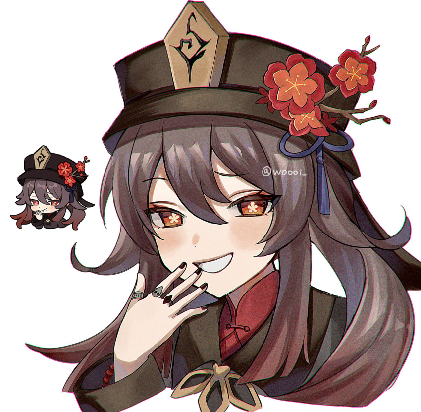 1girl artist_name bangs black_headwear black_nails blush brown_coat brown_hair chibi coat commentary_request cropped_shoulders eyelashes fingernails flower flower-shaped_pupils genshin_impact genshin_impact_sticker_redraw_(meme) grin hair_between_eyes hand_up hat highres hu_tao_(genshin_impact) jewelry laughing long_hair long_sleeves looking_at_viewer meme multiple_rings nail_polish parted_lips plum_blossoms porkpie_hat red_eyes red_flower red_shirt reference_inset ring shirt sidelocks smile solo symbol-shaped_pupils tassel twitter_username upper_body white_background woooi