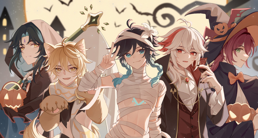 5boys aether_(genshin_impact) ahoge alcohol alternate_costume animal_ears animal_hands antenna_hair arm_up ascot bandaged_arm bandages bangs basket bat_(animal) bat_wings black_hair black_hairband black_headwear black_jacket black_nails blonde_hair blue_eyes blue_hair bow bowtie braid brown_cape brown_pants brown_shirt brown_vest buttons cape castle cat_ears cat_tail closed_mouth collared_shirt crossed_bangs cup drinking_glass english_commentary fake_animal_ears fake_tail fang fingernails flower flying full_moon gem genshin_impact glass gradient gradient_hair green_eyes grey_ascot grey_hair grey_scarf grey_shirt grey_sky hair_between_eyes hair_flower hair_ornament hairband halloween halloween_costume hand_up hands_up hat hat_ornament highres hood jacket jewelry kaedehara_kazuha long_fingernails long_hair long_sleeves looking_at_another looking_at_viewer looking_to_the_side male_focus mandarin_collar moon multicolored_hair multiple_boys nail_polish necklace open_clothes open_jacket open_mouth orange_bow orange_bowtie outdoors pants pearl_necklace ponytail pumpkin pumpkin_hat_ornament purple_hair red_eyes red_gemstone red_hair sarashi scarf shikanoin_heizou shirt short_hair short_ponytail short_sleeves sidelocks sky sleepy1292673668 smile standing tail teeth twin_braids two-tone_hair v venti_(genshin_impact) vest white_flower wide_sleeves window wine wine_glass wing_collar winged_hat wings witch_hat xiao_(genshin_impact) yellow_eyes yellow_moon