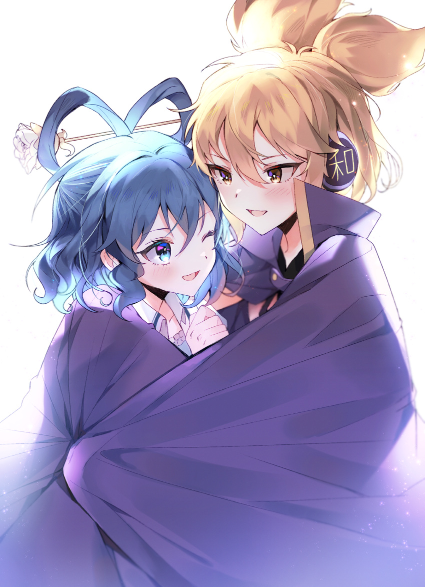 2girls blue_eyes blue_hair blush brown_eyes cloak earmuffs hair_between_eyes hair_ornament hair_rings hair_stick highres j_(ppxx3543) kaku_seiga light_brown_hair multiple_girls one_eye_closed open_mouth pointy_hair purple_cloak short_hair simple_background smile touhou toyosatomimi_no_miko white_background