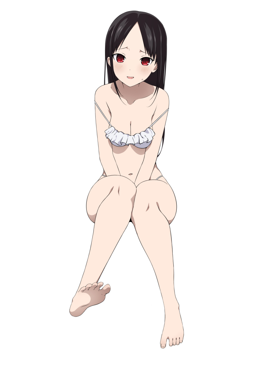 1girl bangs bare_shoulders barefoot bikini black_hair blush breasts cleavage collarbone coro_fae frilled_bikini frills highres kaguya-sama_wa_kokurasetai_~tensai-tachi_no_renai_zunousen~ medium_breasts navel parted_bangs red_eyes shinomiya_kaguya sidelocks soles solo sweat swimsuit thighs toes