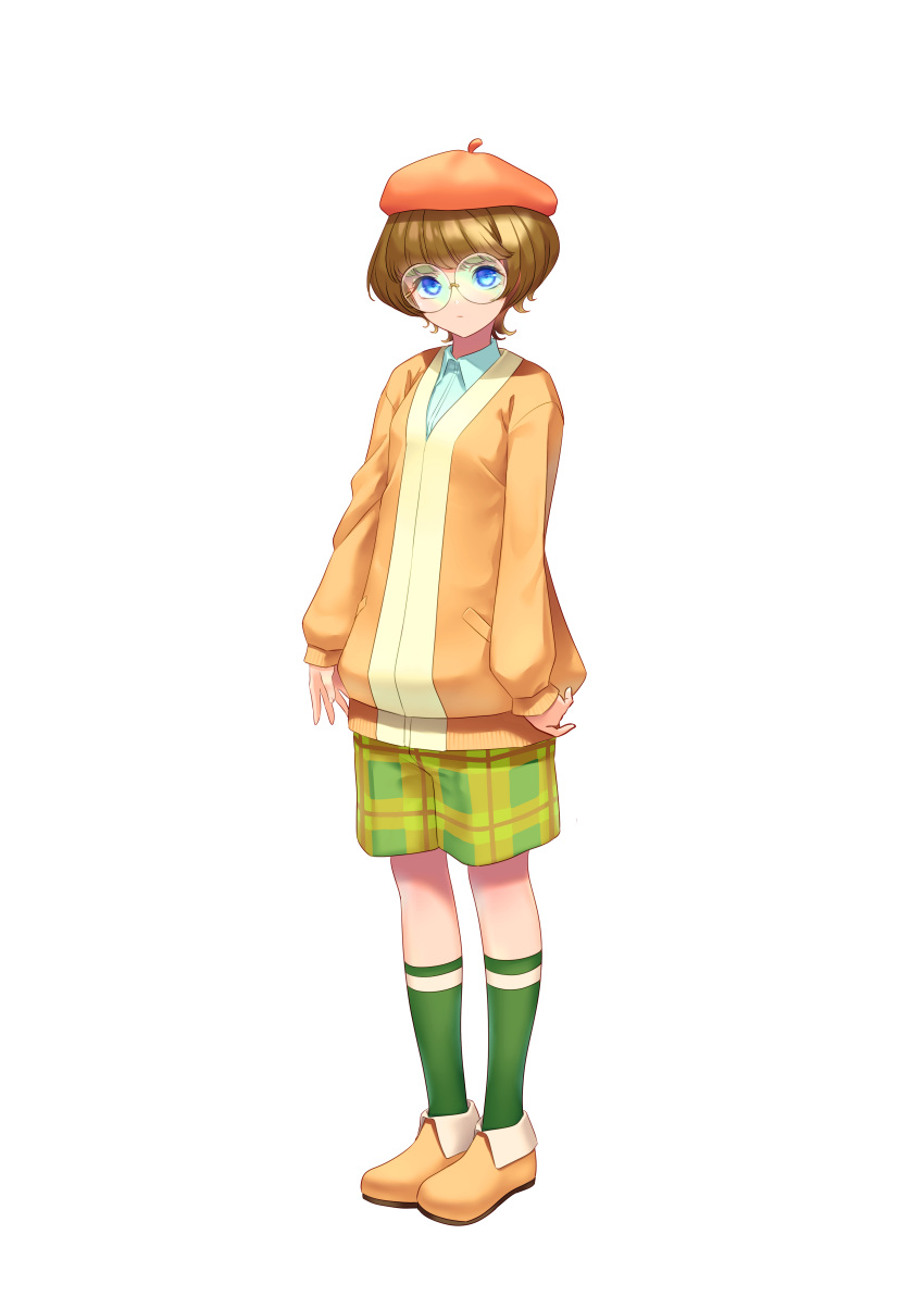 1girl absurdres bangs beret blue_eyes brown_hair casual closed_mouth collared_shirt commentary full_body glasses green_shorts green_socks hat highres ichinose_minori jacket light_frown long_sleeves looking_at_viewer orange_footwear orange_headwear orange_jacket plaid plaid_shorts precure round_eyewear shirt shoes short_hair shorts simple_background single_horizontal_stripe socks solo standing tropical-rouge!_precure white_background white_shirt yoko-ya_manjirou