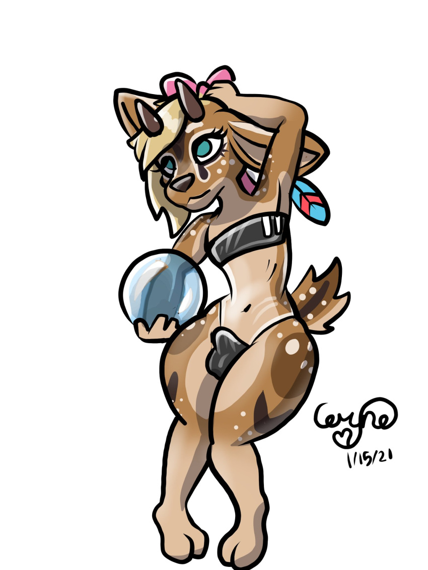 accessory antelope anthro blonde_hair bovid bow_ribbon brown_body brown_fur bulge cervid ceryne_(artist) clothed clothing dik-dik ear_piercing fur girly gris_swimsuit hair hair_accessory hair_bow hair_ribbon hi_res hooves horn male mammal meme meme_clothing one-piece_swimsuit piercing pint pint_(ceryne) ribbons short_stack solo swimwear translucent translucent_clothing translucent_swimwear true_antelope wide_hips