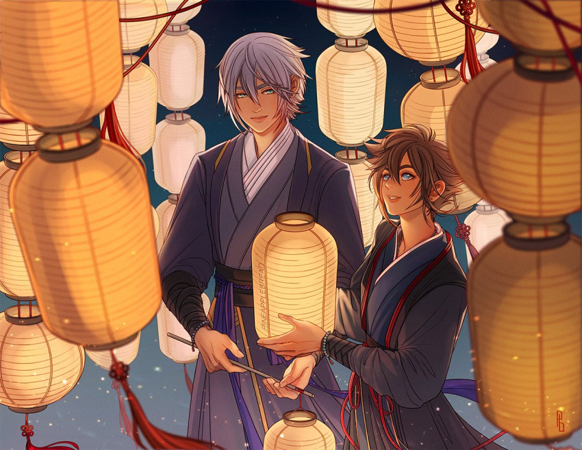 2boys alternate_costume aqua_eyes artist_name bead_bracelet beads blue_background blue_eyes blue_kimono bracelet brown_hair cowboy_shot earrings gradient gradient_background grey_hair grey_kimono hair_between_eyes holding holding_lantern japanese_clothes jewelry kimono kingdom_hearts kingdom_hearts_iii lantern lantern_festival long_sleeves looking_at_another looking_up male_focus multiple_boys outdoors paper_lantern parted_lips pineapplebreads riku_(kingdom_hearts) short_hair single_earring sky_lantern smile sora_(kingdom_hearts) spiked_hair