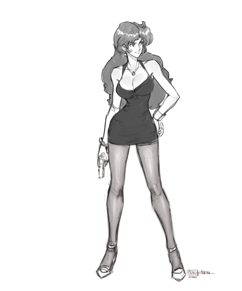 1girl absurdres breasts character_name cleavage dated david_liu dress full_body greyscale gun handgun highres holding holding_weapon jewelry large_breasts lupin_iii mine_fujiko monochrome necklace pantyhose shoes short_dress signature simple_background sleeveless sleeveless_dress solo spaghetti_strap weapon white_background