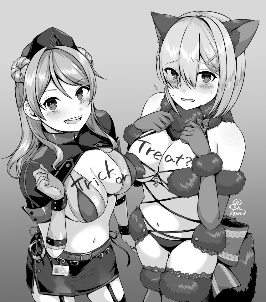 2girls :d absurdres animal_ears bikini bikini_top_only blush body_writing breasts cleavage cosplay double_bun elbow_gloves embarrassed fake_animal_ears fate/grand_order fate_(series) florence_nightingale_(fate) florence_nightingale_(trick_or_treatment)_(fate) florence_nightingale_(trick_or_treatment)_(fate)_(cosplay) flying_sweatdrops fur-trimmed_gloves fur-trimmed_legwear fur_collar fur_trim garter_straps gloves greyscale hair_between_eyes hair_bun hair_ornament hair_over_one_eye hairclip hamakaze_(kancolle) hands_up hat highres id_card kantai_collection large_breasts long_hair looking_at_viewer mash_kyrielight mash_kyrielight_(dangerous_beast) mash_kyrielight_(dangerous_beast)_(cosplay) miniskirt monochrome multiple_girls navel nurse nurse_cap revealing_clothes rubber_gloves short_hair shrug_(clothing) signature simple_background skirt smile swimsuit thighhighs trick_or_treat unoshima_kanaka urakaze_(kancolle) wolf_ears