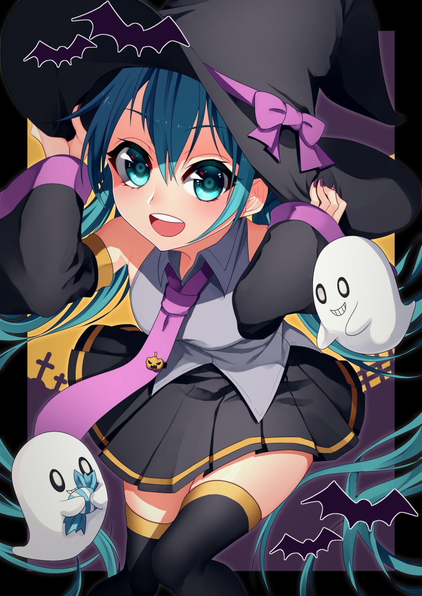1girl adjusting_clothes adjusting_headwear aqua_eyes aqua_hair bangs bat_(animal) black_nails black_sleeves black_thighhighs blouse blue_bow bow candy collared_shirt commentary detached_sleeves food forute_na ghost graveyard grey_shirt halloween halloween_costume hat hat_bow hatsune_miku highres jack-o'-lantern_ornament leaning_forward long_hair looking_at_viewer necktie open_mouth purple_necktie shirt sleeveless sleeveless_shirt smile solo standing thighhighs twintails vocaloid wing_collar witch_hat
