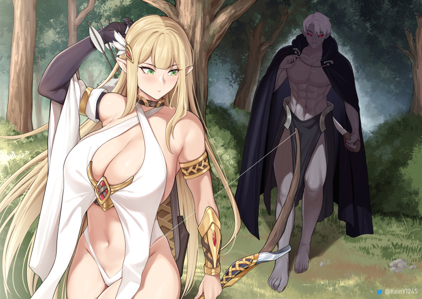 1boy 1girl abs absurdres arm_up arrow_(projectile) bangs bare_shoulders barefoot black_cape black_sclera blonde_hair bow_(weapon) breasts bush cape cleavage colored_sclera colored_skin dagger dark_elf dress elbow_gloves elf fantasy forest gem gloves grey_skin hair_ornament highres holding holding_arrow holding_bow_(weapon) holding_dagger holding_knife holding_weapon knife large_breasts long_hair maskwolf muscular muscular_male nature navel no_pupils original pectorals pelvic_curtain pointy_ears quiver red_eyes red_gemstone reverse_grip short_hair single_glove thighs toned toned_male tree very_long_hair walking weapon white_dress white_hair