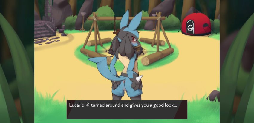 anus blush breasts female fur generation_4_pokemon genitals hi_res looking_at_viewer lucario naika nintendo pokemon pokemon_(species) pussy raised_tail red_eyes small_breasts solo text video_games