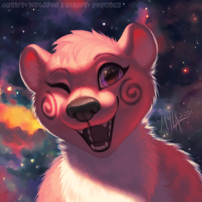 1:1 2021 anthro bust_portrait cosmic_background dated eyelashes facial_markings fangs female front_view fur glistening glistening_eyes happy head_markings head_tuft hi_res looking_at_viewer markings mylafox nebula nude open_mouth open_smile pink_body pink_fur portrait purple_eyes smile solo space space_background star text tuft url