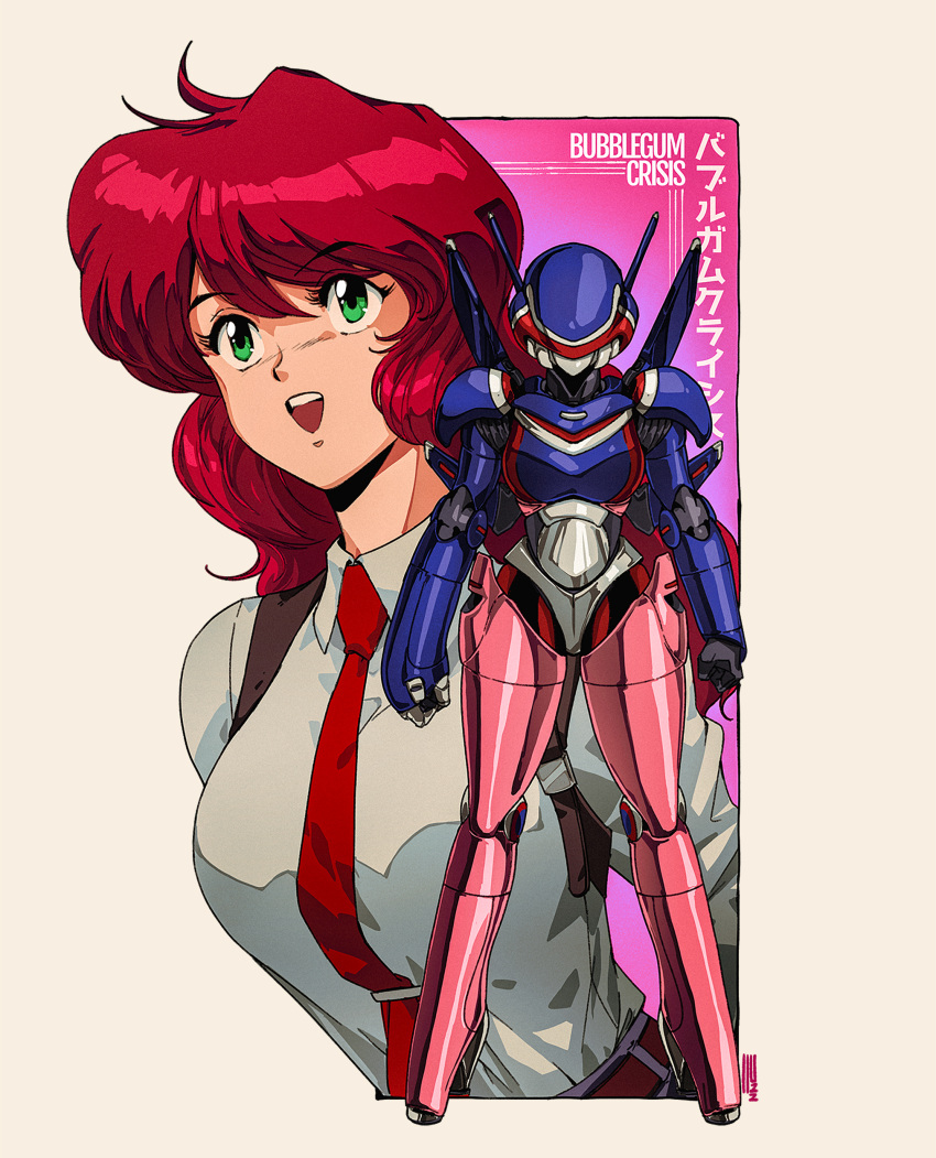 1girl absurdres armor bangs breasts bubblegum_crisis collared_shirt copyright_name dated david_liu full_body green_eyes highres long_hair long_sleeves medium_breasts multiple_views necktie nene_romanova open_mouth power_armor red_hair red_necktie shirt signature smile straight-on white_shirt