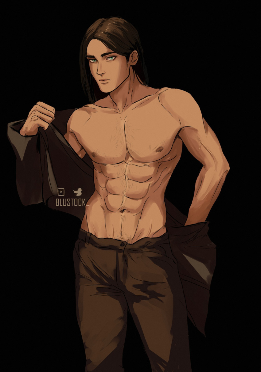 1boy abs artist_name blustock brown_hair brown_pants chest_hair collarbone eren_yeager expressionless green_eyes highres male_focus male_pubic_hair pants pubic_hair shingeki_no_kyojin solo toned toned_male topless_male watermark