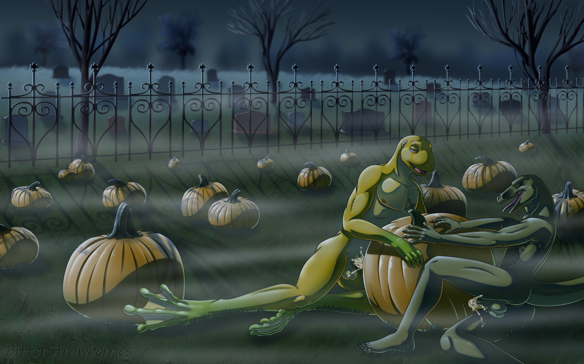 absurd_res amphibian anthro anus balls bitterstrawberries bodily_fluids branch cemetery cum cum_inside duo fence fog food food_fetish frog fruit genital_fluids genitals grass halloween halloween_2022 hi_res holidays lewis_resmond lizard male male/male membrane_(anatomy) monitor_lizard penis plant pumpkin pumpkin_patch reptile scalie sex tree webbed_feet