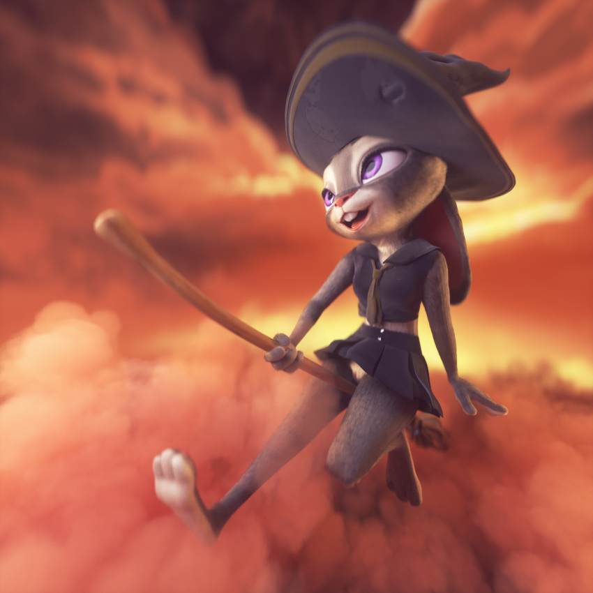 absurd_res anthro broom cleaning_tool clothing disney fantasy feet female flying genitals halloween hat headgear headwear hi_res holidays judy_hopps lagomorph leporid magic_user mammal open_mouth pussy rabbit rabbitholes solo toes wardrobe_malfunction witch witch_hat zootopia