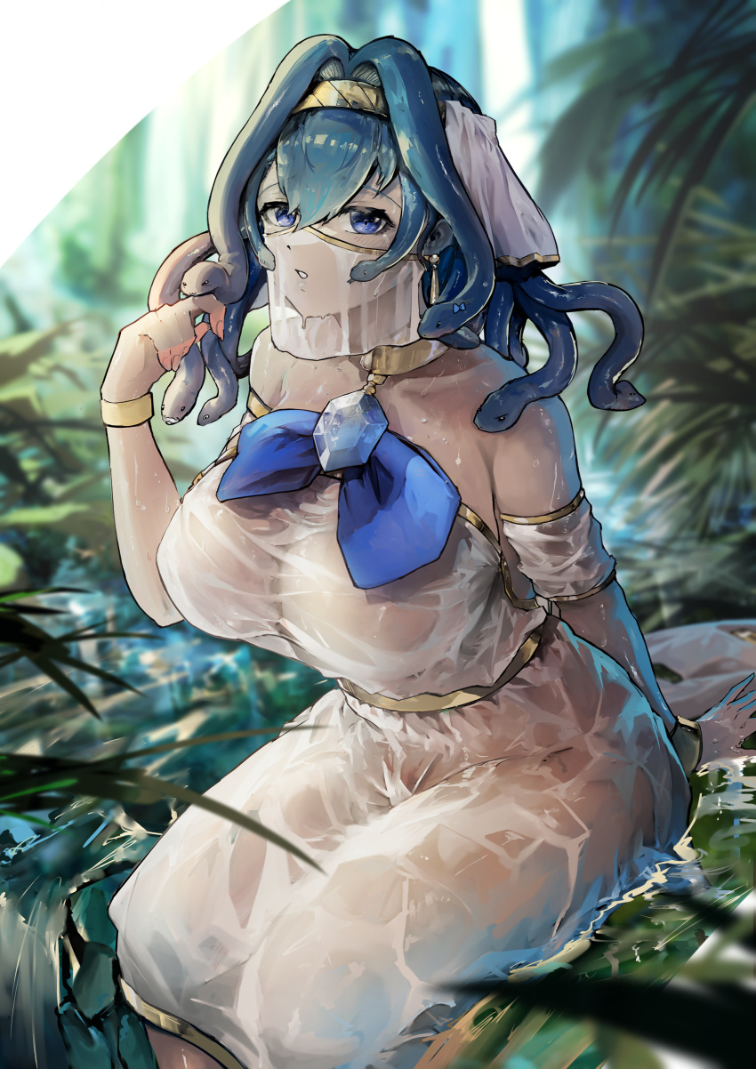 1girl absurdres bangs blue_eyes blue_hair bow breasts brooch dress hair_intakes halloween_costume headband highres hololive hololive_english huge_breasts jewelry large_breasts looking_at_viewer mouth_veil ouro_kronii parted_lips see-through short_hair snake_hair solo thick_thighs thighs veil virtual_youtuber vyragami wet wet_clothes wet_dress white_dress