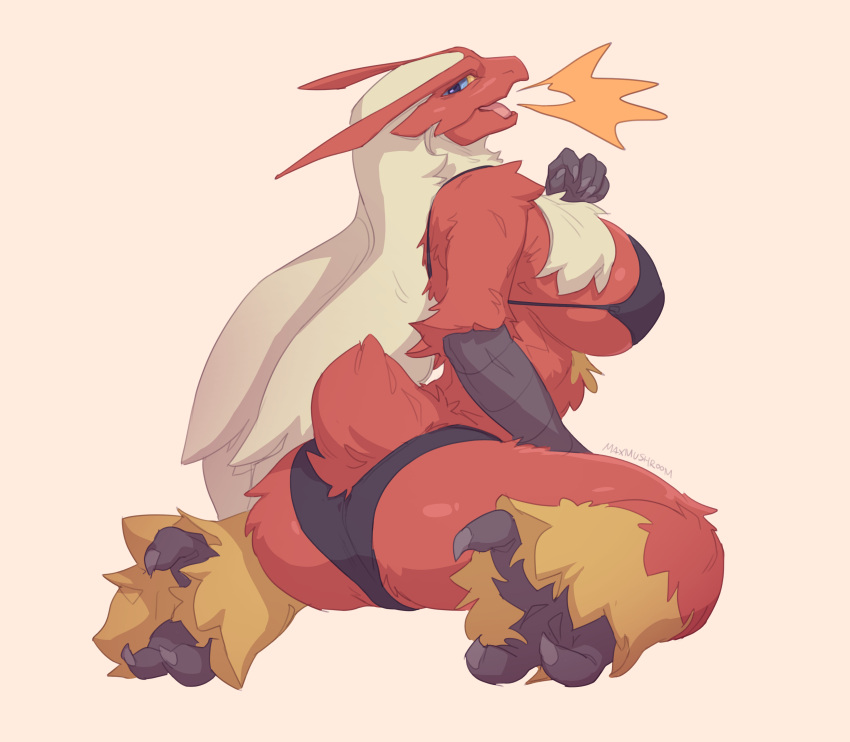absurd_res anthro avian big_breasts bird blaziken blue_eyes breasts butt claws clothed clothing female fur generation_3_pokemon hair hi_res looking_at_viewer maxmushroom nintendo pokemon pokemon_(species) rear_view red_body red_eyes red_fur scuted_arms scuted_hands scutes solo topwear video_games wraps yellow_body yellow_fur