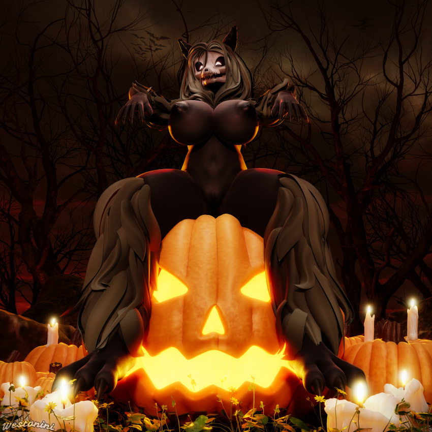 3d_(artwork) absurd_res anthro big_breasts black_body black_nipples black_skin blender_(software) bone breasts candle canid canine digital_media_(artwork) female female_focus food fruit genitals halloween hi_res holidays jack-o'-lantern looking_at_viewer mammal nipples nude open_mouth plant pumpkin raised_arms scp-1471 scp-1471-a scp_foundation sitting skull skull_head smile smiling_at_viewer solo spread_legs spreading thick_thighs westonini white_eyes