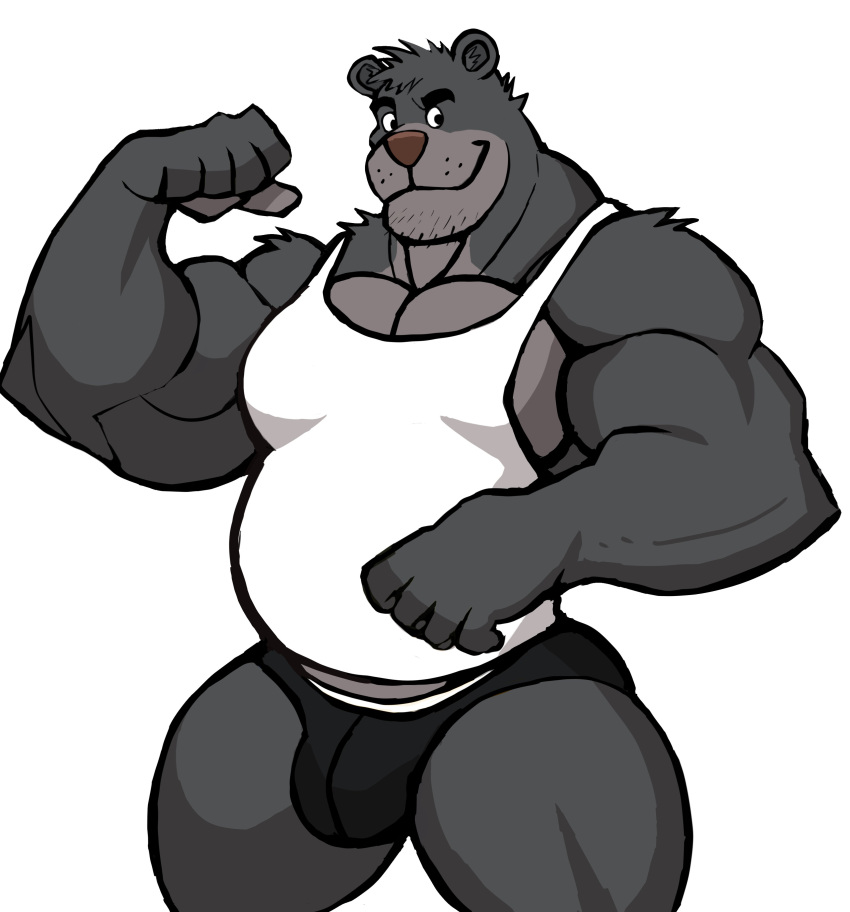 2022 absurd_res anthro baloo barazoku belly biceps big_bulge big_muscles bulge clothed clothing darknaigart disney eyebrows flexing fur hi_res huge_muscles male mammal musclegut muscular muscular_anthro muscular_male pecs shirt simple_background smile solo standing talespin tank_top thick_thighs topwear tuft underwear ursid white_background