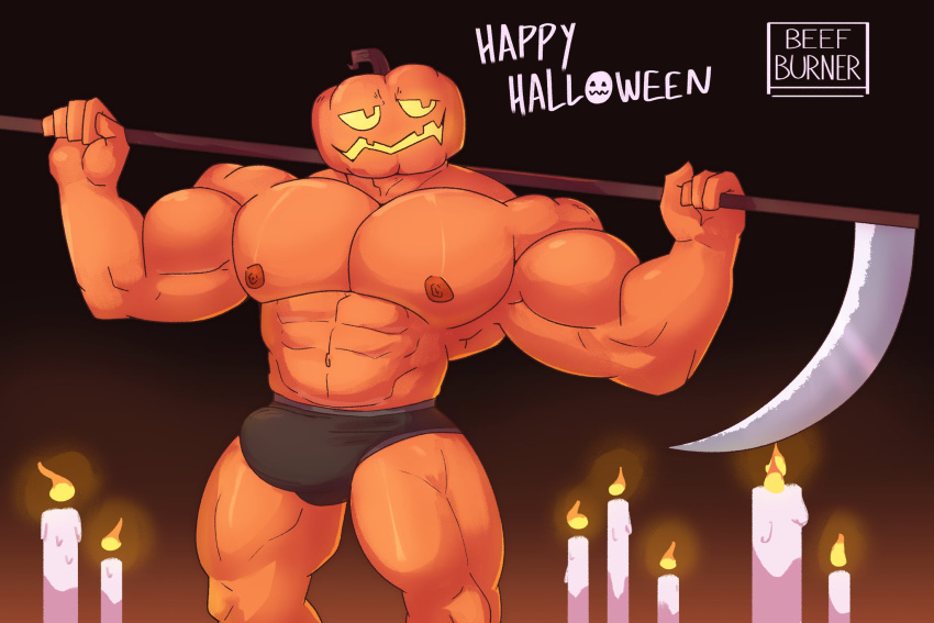5_fingers abs areola beefburner big_pecs black_clothing black_underwear bulge candle candlelight clothed clothing english_text fingers fire genital_outline halloween hi_res holding_scythe holidays humanoid jack-o'-lantern light male melee_weapon muscular muscular_humanoid muscular_male nipples not_furry orange_body pecs penis_outline polearm pumpkin_head scythe solo text topless underwear underwear_only weapon