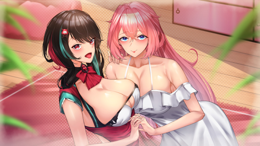 2girls absurdres ascot bangs bare_shoulders black_hair blue_eyes blush breasts character_request cleavage closed_mouth collarbone commentary copyright_request dated_commentary dress english_commentary hair_ornament hairclip hand_on_another's_shoulder highres large_breasts lips long_hair looking_at_viewer misa_pika multicolored_hair multiple_girls open_mouth parted_lips pink_hair red_ascot red_dress red_eyes red_lips smile streaked_hair upper_body virtual_youtuber white_dress