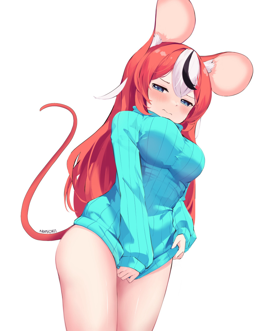 1girl absurdres animal_ear_fluff animal_ears bare_legs black_hair blue_eyes blush breasts clothes_pull commentary english_commentary hakos_baelz highres hololive hololive_english large_breasts long_hair looking_at_viewer looking_down mouse_ears mouse_girl mouse_tail multicolored_hair namiorii narrowed_eyes red_hair standing straight_hair streaked_hair sweater tail thighs virtual_youtuber white_background white_hair