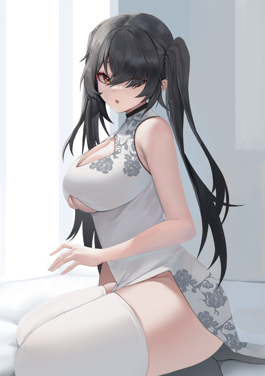 1girl :o absurdres bangs bare_arms bare_shoulders bburi black_hair breasts brown_eyes china_dress chinese_clothes cleavage cleavage_cutout clothing_cutout dress floral_print hair_over_one_eye highres large_breasts long_hair looking_at_viewer original parted_lips print_dress sidelocks sitting sleeveless sleeveless_dress solo taut_clothes taut_dress thick_thighs thighhighs thighs turtleneck twintails underboob_cutout white_dress white_thighhighs