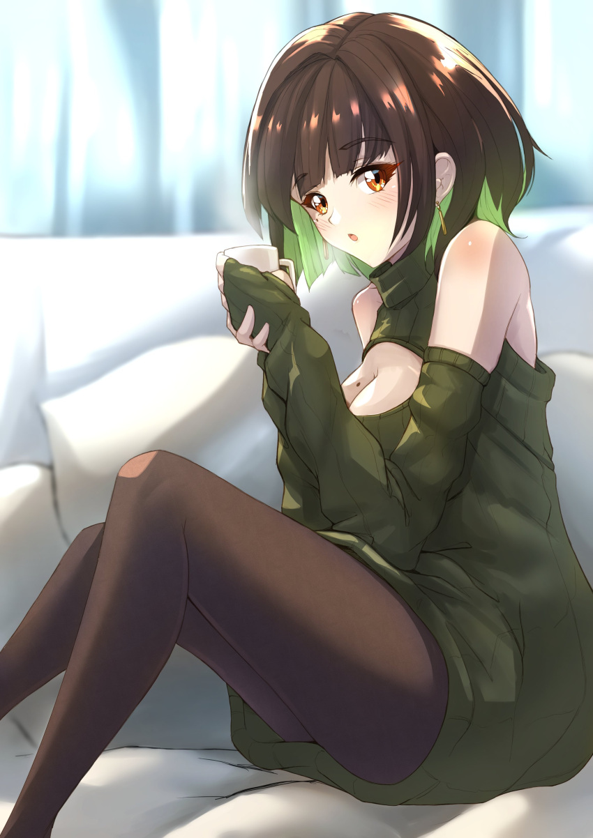 1girl absurdres bangs bare_shoulders breasts brown_hair cleavage cleavage_cutout clothing_cutout couch cup deekei green_hair highres holding holding_cup leggings looking_at_viewer miru_(ormille) mole mole_on_breast mole_under_eye on_couch orange_eyes original pillow shoulder_cutout sweater