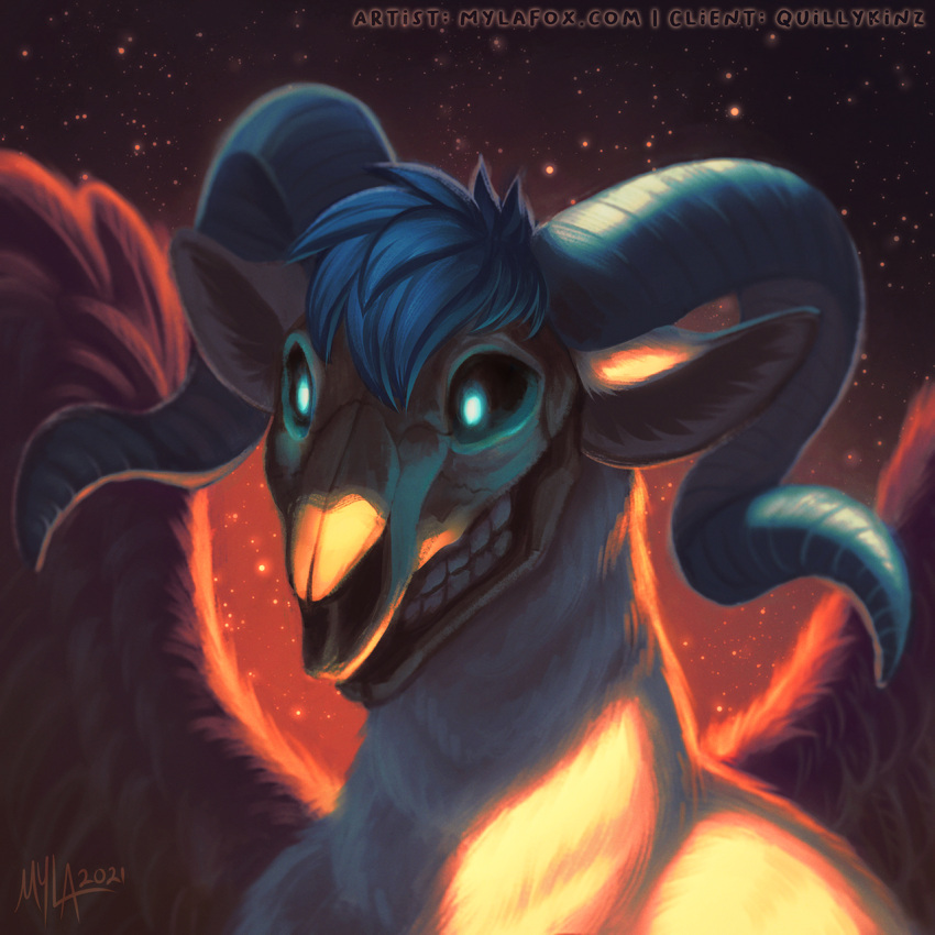 1:1 2021 ambiguous_gender anthro blue_eyes blue_hair blue_horn bone bust_portrait dated feathered_wings feathers fur glowing glowing_eyes grin hair hi_res horn mylafox no_pupils nude portrait signature simple_background skull skull_head smile solo species_request text url white_body white_fur wings