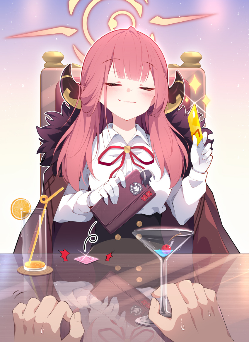 1girl aru_(blue_archive) bangs black_skirt blue_archive blush bolo_tie buttons chair cherry closed_eyes closed_mouth cocktail_glass collared_shirt commentary condom credit_card cup drinking_glass drinking_straw food fruit fur-trimmed_jacket fur_trim glass gloves halo high-waist_skirt highres holding holding_wallet horns jacket jacket_on_shoulders kagami_(galgamesion) long_sleeves on_chair orange_(fruit) orange_juice orange_slice pink_hair pov pov_hands purple_jacket reflection shirt sidelocks sitting skirt smile smirk smug solo sparkle wallet white_gloves white_shirt