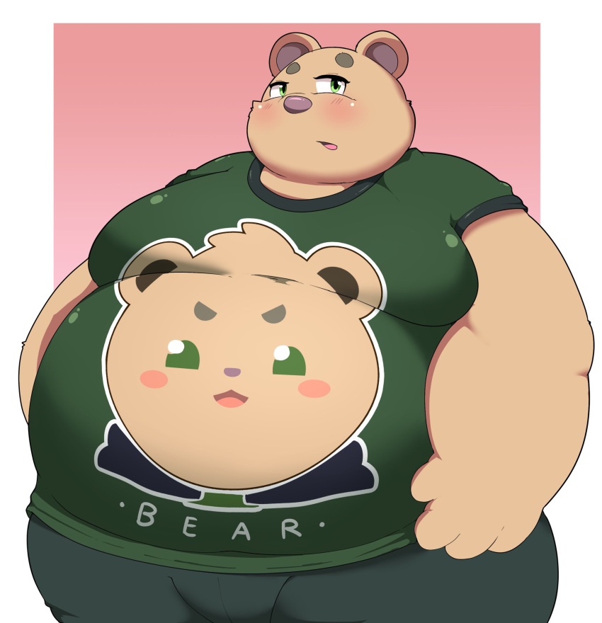 2022 anthro belly big_belly blush bottomwear brown_body clothing green_body hi_res inigo_(kusosensei) kemono kusosensei male mammal obese obese_male overweight overweight_male pants shirt solo topwear ursid