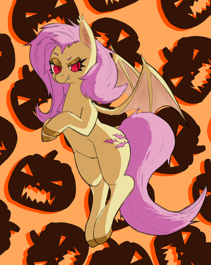 bat_wings chiropteran ek_(artist) equid equine fangs female feral flutterbat_(mlp) fluttershy_(mlp) food friendship_is_magic fruit halloween hasbro hi_res holidays hooves hybrid mammal membrane_(anatomy) membranous_wings my_little_pony plant pumpkin red_eyes solo wings