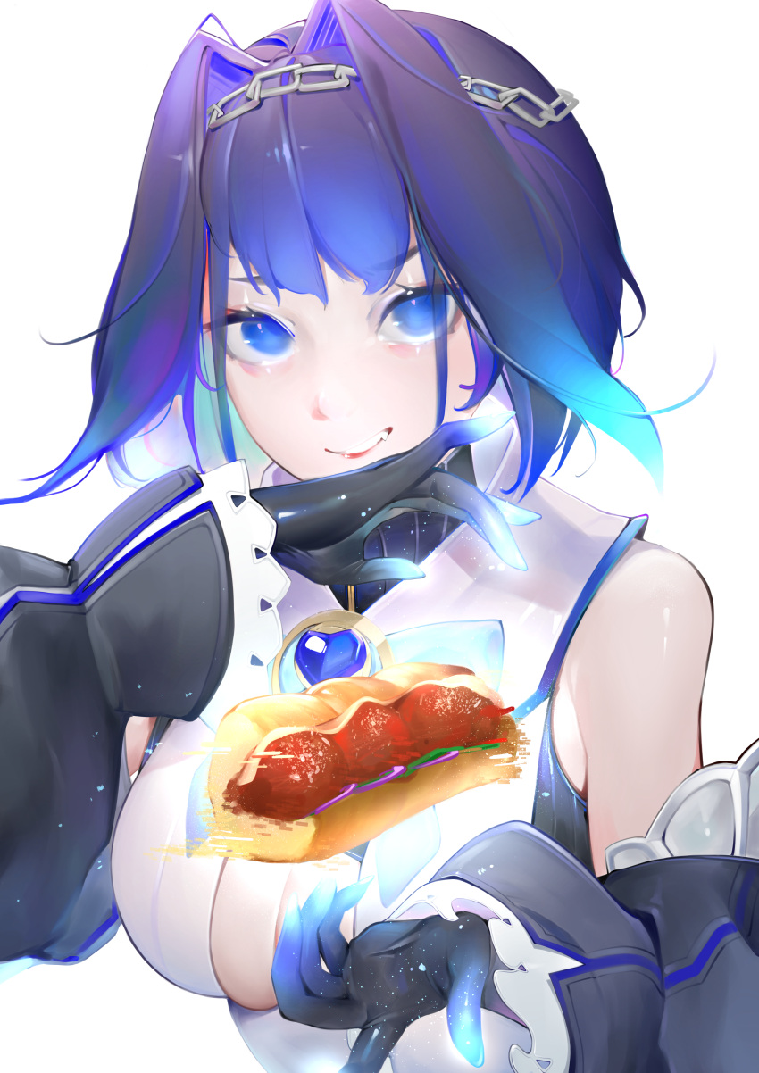 1girl absurdres bangs black_gloves blue_hair breasts chain cleavage cleavage_cutout clothing_cutout detached_sleeves english_commentary food gloves hair_intakes hairband highres hololive hololive_english looking_at_viewer meoniac ouro_kronii parted_lips sandwich shirt sleeveless sleeveless_shirt smile solo upper_body virtual_youtuber white_shirt