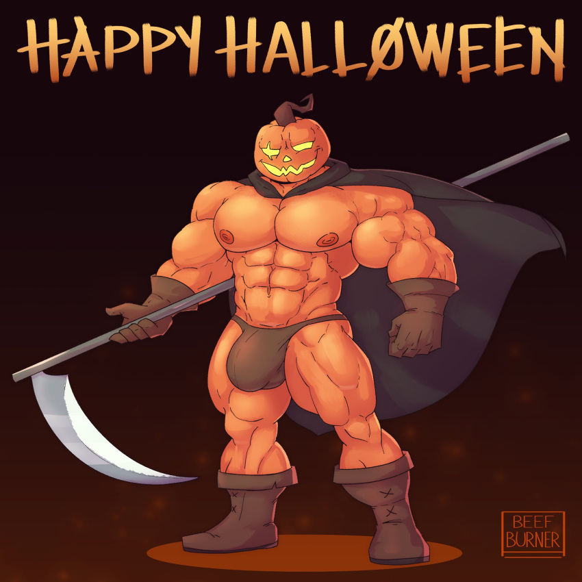 1:1 5_fingers abs areola beefburner boots brown_boots brown_cape brown_clothing brown_footwear brown_gloves brown_handwear brown_underwear bulge cape clothing detailed_bulge english_text eye_scar facial_scar fingers footwear gloves halloween handwear hi_res holding_scythe holidays humanoid jack-o'-lantern male melee_weapon muscular muscular_humanoid muscular_male nipples not_furry pecs polearm pumpkin_head scar scythe solo text underwear weapon