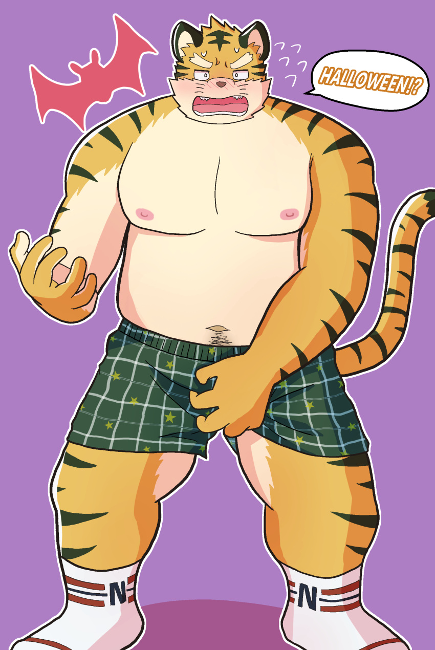 2022 absurd_res anthro belly blush clothing felid halloween hi_res holidays humanoid_hands kemono male mammal moobs navel nipples overweight overweight_male pantherine solo tiger tmnt_omawari3 underwear