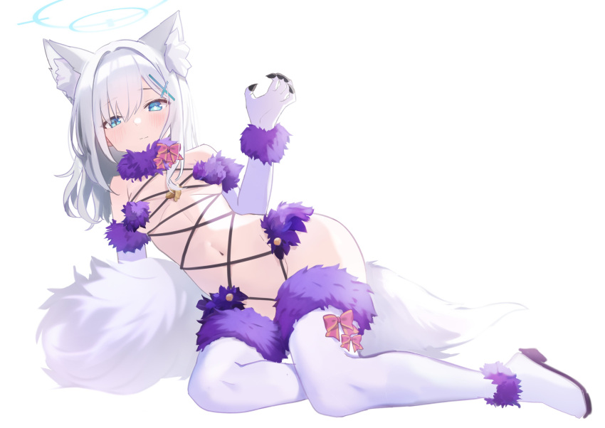 1girl absurdres animal_ear_fluff animal_ears bangs bare_shoulders blue_archive blue_eyes bow breasts cosplay cross_hair_ornament elbow_gloves extra_ears fate/grand_order fate_(series) fur-trimmed_gloves fur-trimmed_legwear fur_collar fur_trim gloves goyain grey_hair hair_ornament halo highres lace-trimmed_legwear lace_trim looking_at_viewer mash_kyrielight mash_kyrielight_(dangerous_beast) mash_kyrielight_(dangerous_beast)_(cosplay) medium_breasts medium_hair navel o-ring purple_gloves purple_thighhighs revealing_clothes shiroko_(blue_archive) smile solo tail thighhighs white_background wolf_ears wolf_tail