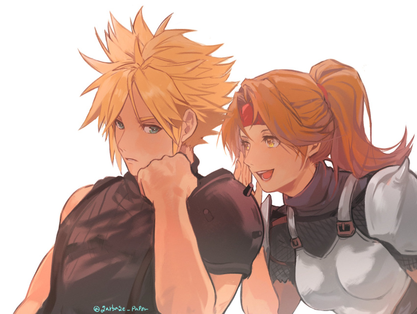 1boy 1girl armor bangs blonde_hair blue_eyes blue_shirt blush breastplate brown_eyes brown_hair cloud_strife final_fantasy final_fantasy_vii final_fantasy_vii_remake garbage_paper hand_to_own_face headband highres jessie_rasberry long_hair looking_at_another open_mouth parted_bangs parted_lips ponytail red_headband shirt short_hair shoulder_armor single_bare_shoulder sleeveless sleeveless_turtleneck smile spiked_hair suspenders turtleneck twitter_username upper_body whispering white_background