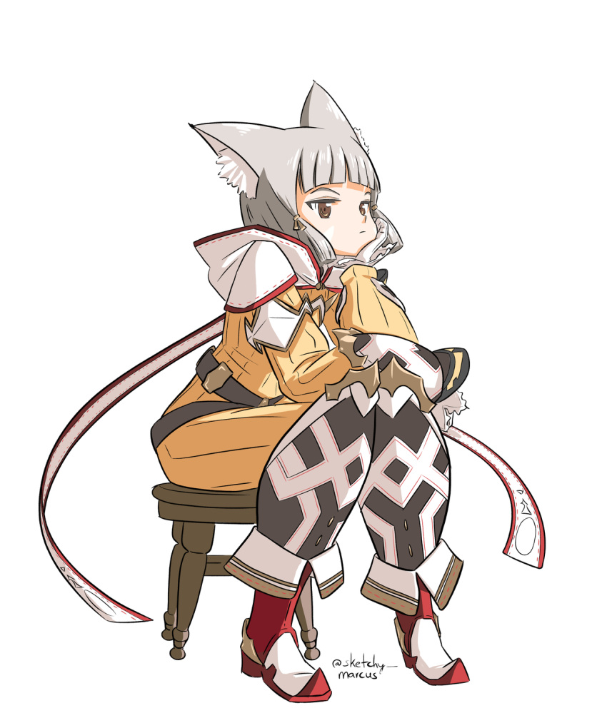 1girl animal_ear_fluff animal_ears armored_boots bangs boots cat_ears cat_girl chair closed_eyes closed_mouth facepaint full_body gloves grey_hair hand_on_own_cheek hand_on_own_face highres jumpsuit looking_at_viewer nia_(xenoblade) short_hair simple_background sitting sketchymarcus solo white_background white_gloves xenoblade_chronicles_(series) xenoblade_chronicles_2 yellow_eyes yellow_jumpsuit