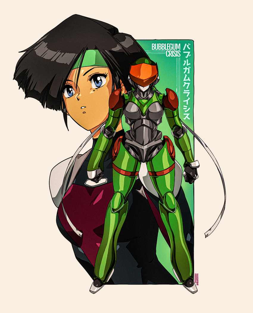 1girl absurdres armor black_hair blue_eyes bodysuit breasts bubblegum_crisis copyright_name dated david_liu full_body green_headband headband highres linna_yamazaki multiple_views parted_lips power_armor short_hair signature small_breasts straight-on