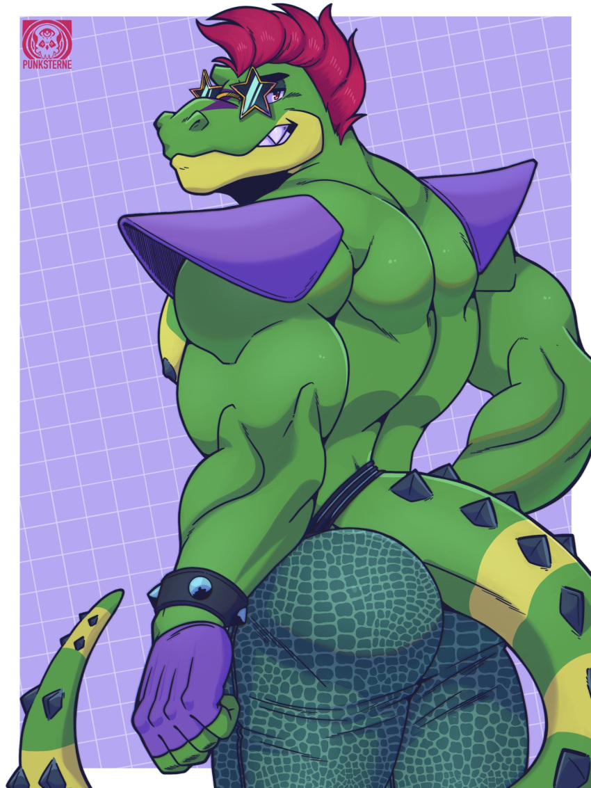 2022 alligator alligatorid anthro back_muscles biceps big_butt big_muscles border bottomwear bracelet butt clothed clothing crocodilian eyebrows eyewear facial_markings fingerless_gloves five_nights_at_freddy's five_nights_at_freddy's:_security_breach furgonomics geometric_background gloves grey_background grid_background hair handwear head_markings hi_res jewelry looking_at_viewer looking_back looking_back_at_viewer male markings mohawk montgomery_gator_(fnaf) muscular muscular_anthro muscular_male nipples non-mammal_nipples pants pattern_background pecs rear_view reptile scales scalie scottgames shoulder_pads simple_background smile solo spiked_bracelet spikes standing sunglasses teeth thick_thighs topless topless_anthro topless_male triceps video_games vier_punksterne watermark white_border