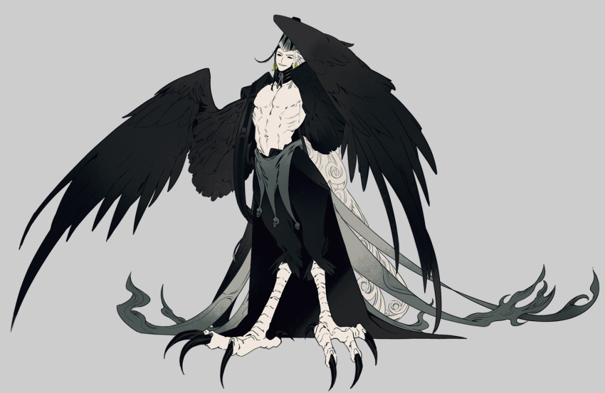 1boy animal_feet ashiya_douman_(fate) asymmetrical_hair bird_legs bird_tail bird_wings black_feathers black_hair black_headwear black_sclera black_wings colored_sclera curly_hair digitigrade earrings fate/grand_order fate_(series) feathers flat_color full_body grey_background grey_feathers grin hand_up harpy_boy head_tilt jewelry long_hair looking_at_viewer magatama magatama_earrings male_focus monster_boy multicolored_hair no_pupils onmyouji pectorals pointy_ears simple_background smile solo split-color_hair standing tail talons tobi0728 toned toned_male very_long_hair white_hair white_headwear winged_arms wings