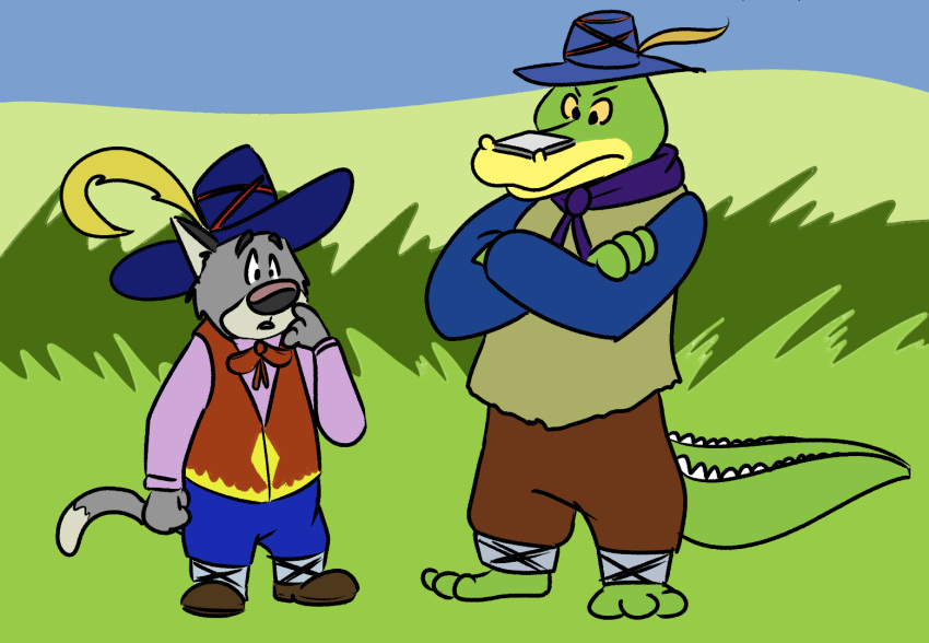 2021 alligator alligatorid anthro biped brok_(character) brok_the_investigator clothed clothing crocodilian domestic_cat duo felid feline felis graff_filsh green_body grey_body hat headgear headwear mammal outside reptile scalie sobieniak video_games