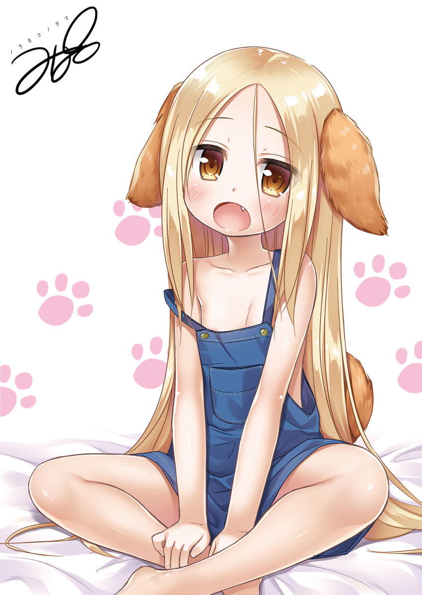 1girl :o animal_ears areola_slip bangs bed_sheet blonde_hair blush brown_eyes collarbone commentary dog_ears dog_girl dog_tail fang flat_chest forehead happy_new_year head_tilt highres long_hair looking_at_viewer naked_overalls new_year open_mouth original overalls parted_bangs paw_print paw_print_background simple_background sitting solo strap_slip tail very_long_hair white_background yukino_minato