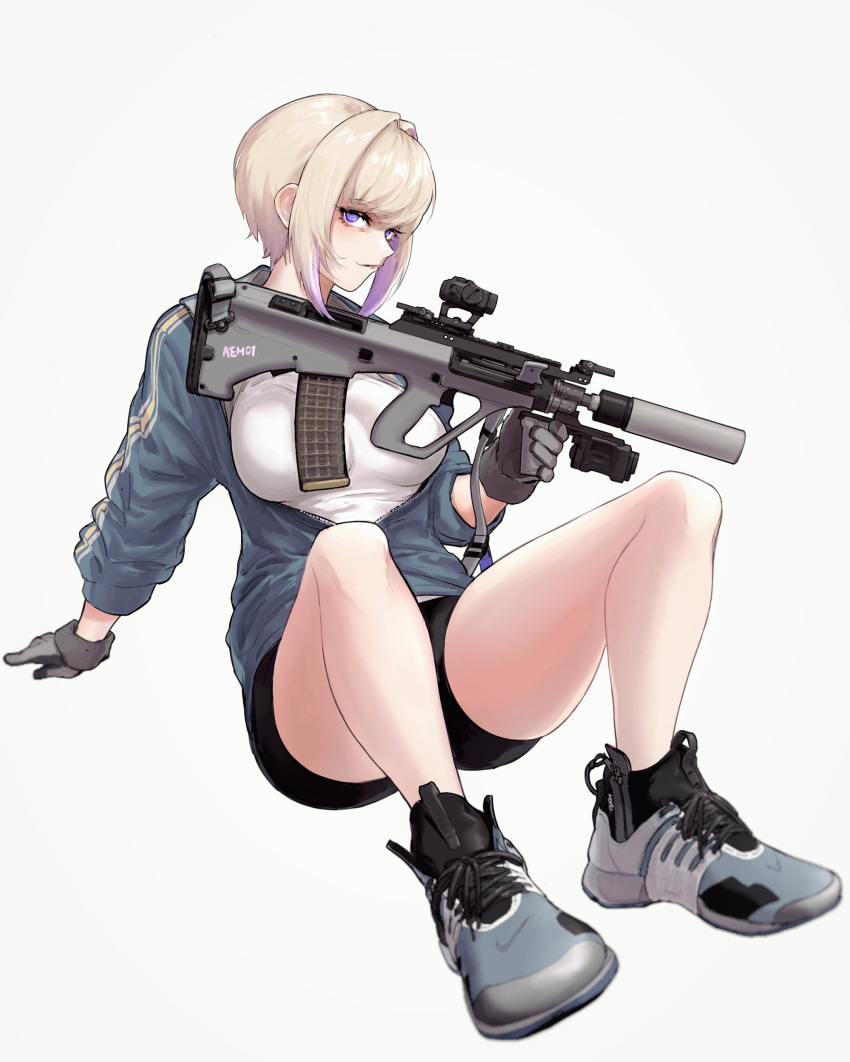 1girl absurdres aimpoint alma01 assault_rifle black_shorts blue_hair blue_jacket breasts bullpup colored_tips eyelashes gloves grey_gloves gun hair_between_eyes highres holding holding_gun holding_weapon jacket large_breasts long_sleeves looking_at_viewer multicolored_hair open_clothes open_jacket open_mouth original rifle short_hair short_shorts shorts sidelocks simple_background sitting sleeve_rolled_up solo suppressor thick_thighs thighs weapon
