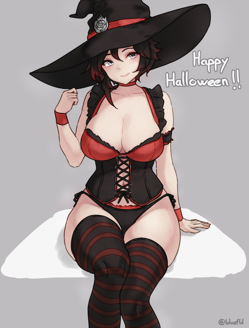 1girl black_corset black_hair black_panties bluefield blush breasts cleavage corset frills gradient_hair grey_eyes halloween hat highres large_breasts looking_at_viewer multicolored_hair navel panties red_hair ruby_rose rwby shiny shiny_hair short_hair sitting smile solo striped striped_thighhighs thighhighs thighs two-tone_hair underwear witch witch_hat