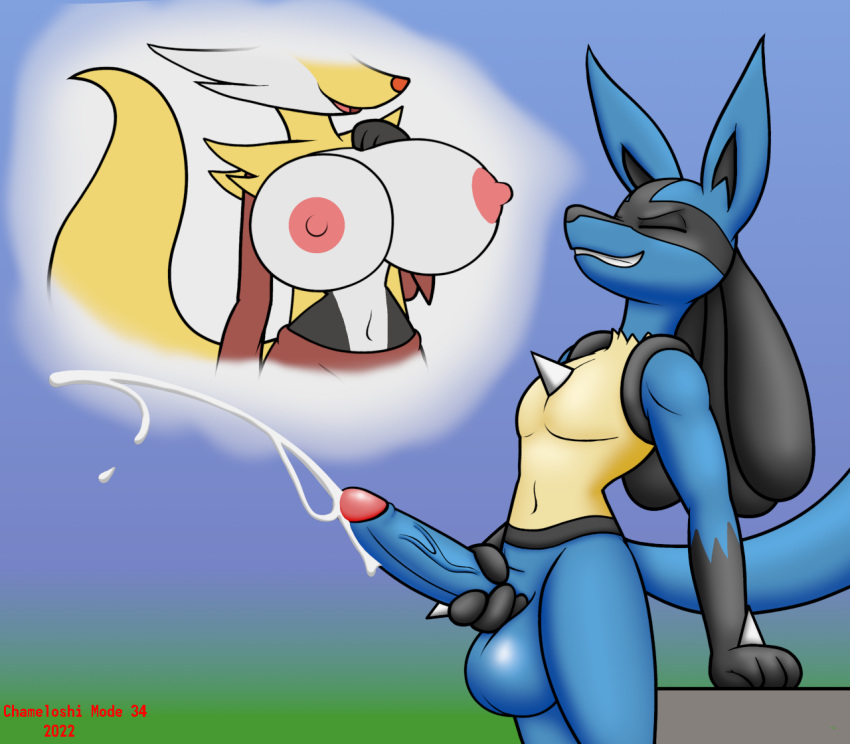 anthro balls big_balls big_breasts big_penis bodily_fluids breasts chameloshi clenched_teeth cum delphox duo ejaculation eyes_closed female generation_4_pokemon generation_6_pokemon genital_fluids genitals lucario male male/female masturbation nintendo nipples penis penis_grab pokemon pokemon_(species) spikes spikes_(anatomy) teeth thought_bubble vein veiny_penis video_games