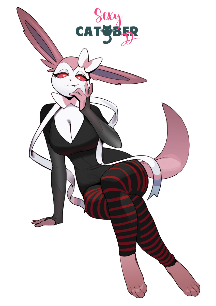 absurd_res anthro biped clothing eeveelution feliscede female generation_6_pokemon hi_res looking_at_viewer nintendo pink_body pokemon pokemon_(species) red_eyes simple_background sitting smile solo sylveon video_games white_background white_body