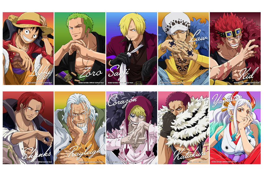 1girl 6+girls aqua_hair arm_rest bare_shoulders beard border cape character_name charlotte_katakuri curled_horns donquixote_rocinante elbow_rest eustass_captain_kid facial_hair formal fur_cape gloves grey_hair hair_ornament hair_stick hakama hand_on_own_cheek hand_on_own_face hat head_rest hood hood_up horns jacket japanese_clothes kimono long_hair looking_at_viewer looking_to_the_side mature_male monkey_d._luffy multicolored_horns multiple_girls muscular muscular_male official_art one_piece oni open_clothes open_shirt open_vest orange_horns pectorals purple_hair red_hair red_horns rope roronoa_zoro sanji_(one_piece) scarf scarf_over_mouth shanks_(one_piece) shimenawa short_hair silvers_rayleigh sitting sleeveless sleeveless_kimono suit suit_jacket tattoo trafalgar_law upper_body vest white_border white_hair yamato_(one_piece)
